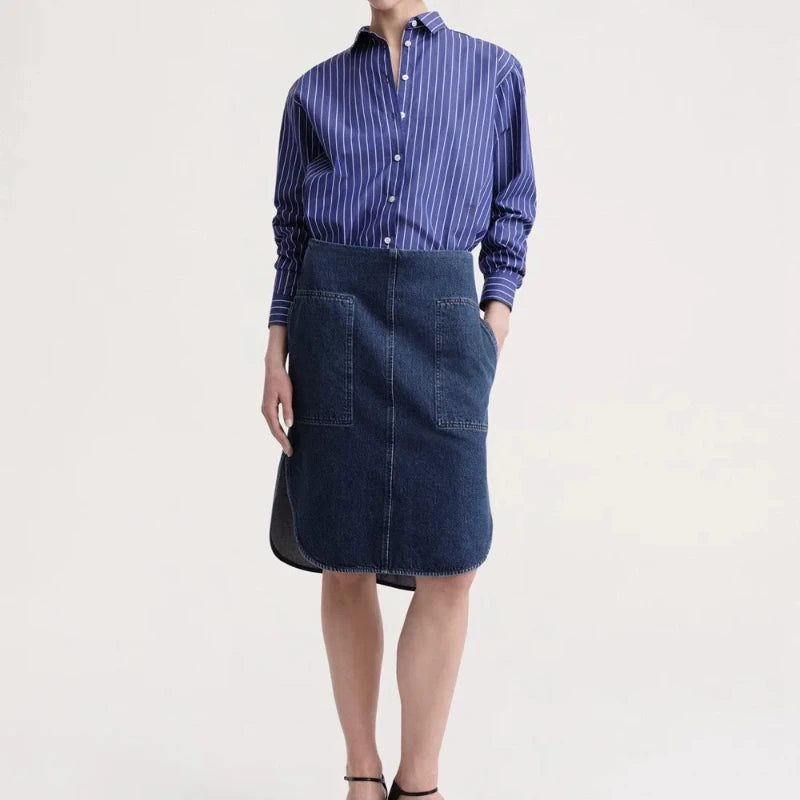 Women's Vertical Striped Shirt - Loose Long-Sleeve Button-Up Blouse with Asymmetric Hem, Office Commuter Style