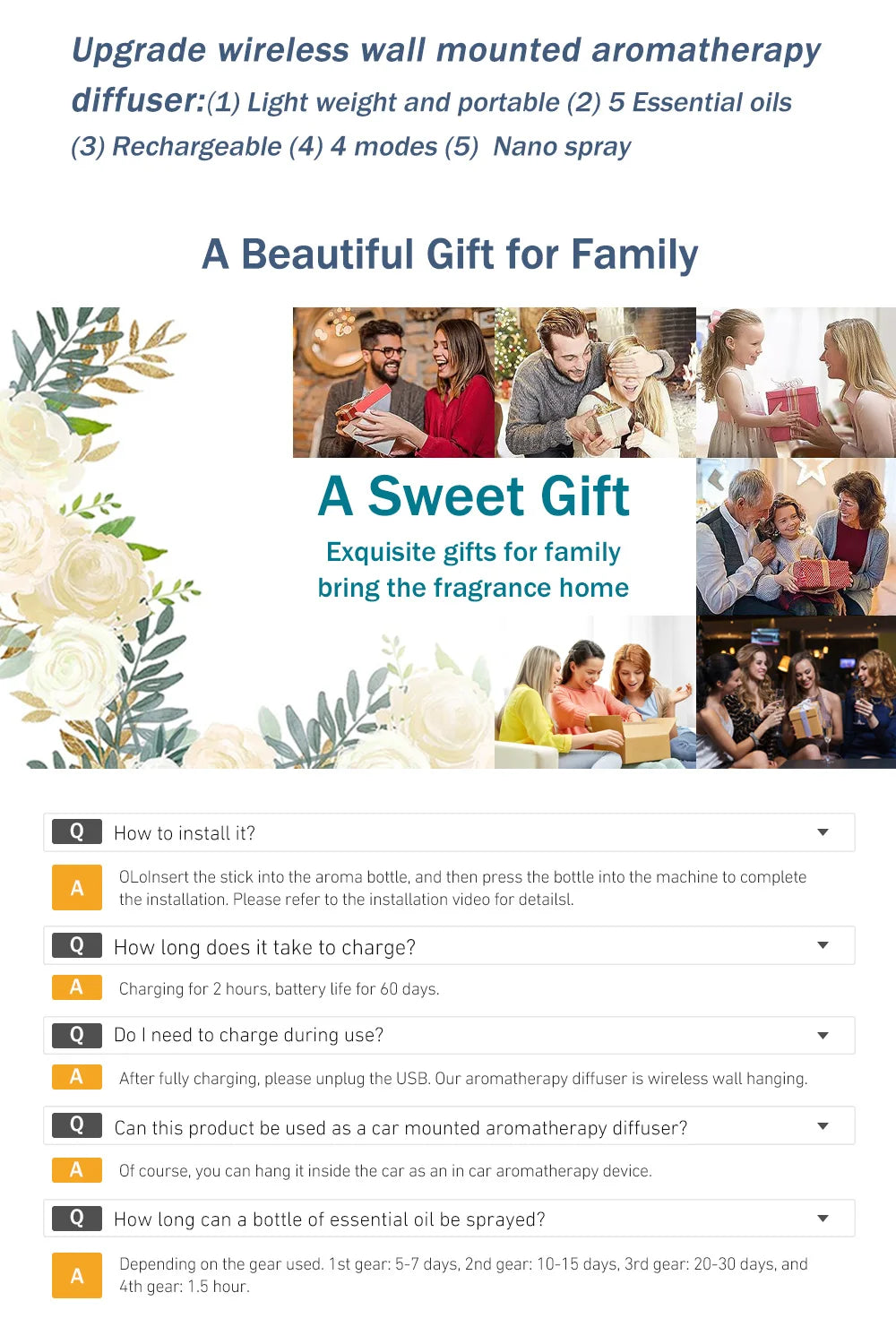 Rechargeable Portable Aroma Diffuser – Essential Oil Aromatherapy Air Freshener with 5 Timed Spray Modes