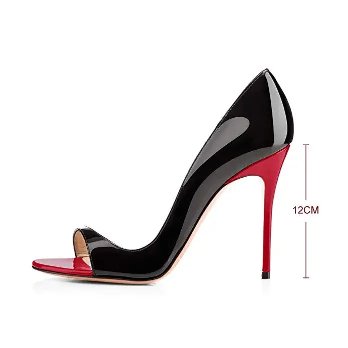 Black Patent Leather Peep-Toe Stiletto Pumps with Red Lining, 12 cm (4.7 in) Heel, Plus Size EU 33-46