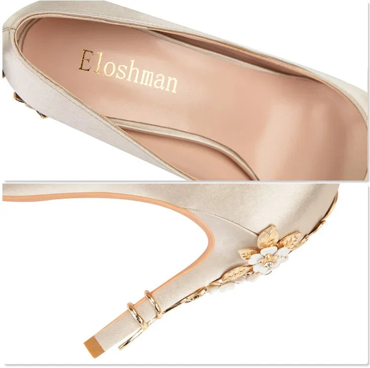 Women's Satin Pointed-Toe Stiletto Pumps with Metal Flower Detail — High Heel Wedding Shoes