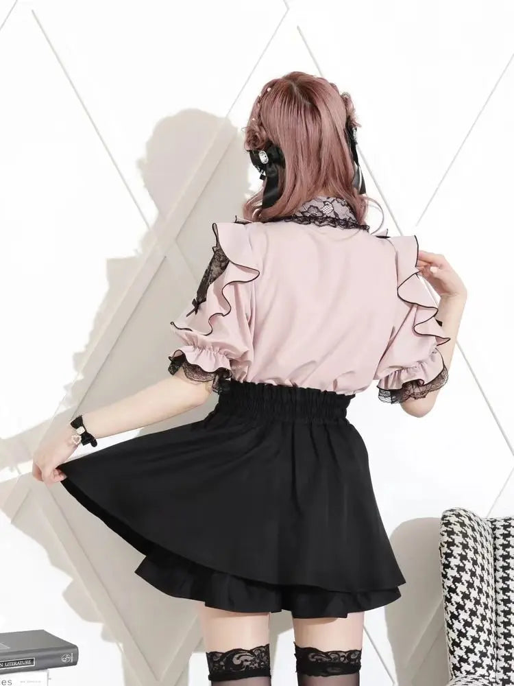 Noemi-Inspired Ruffle Bow Off-Shoulder Lace Blouse — Yami Kawaii Lolita Bell Sleeve Top