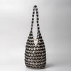 Woven Hollow-Out Bucket Shoulder Bag with Wooden Bead Handle - Netted Canvas Beach Tote for Women