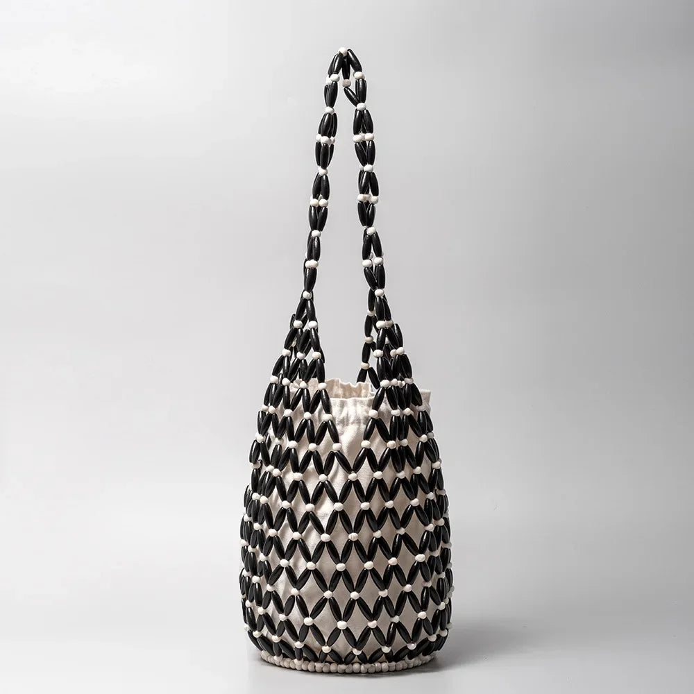 Woven Hollow-Out Bucket Shoulder Bag with Wooden Bead Handle - Netted Canvas Beach Tote for Women