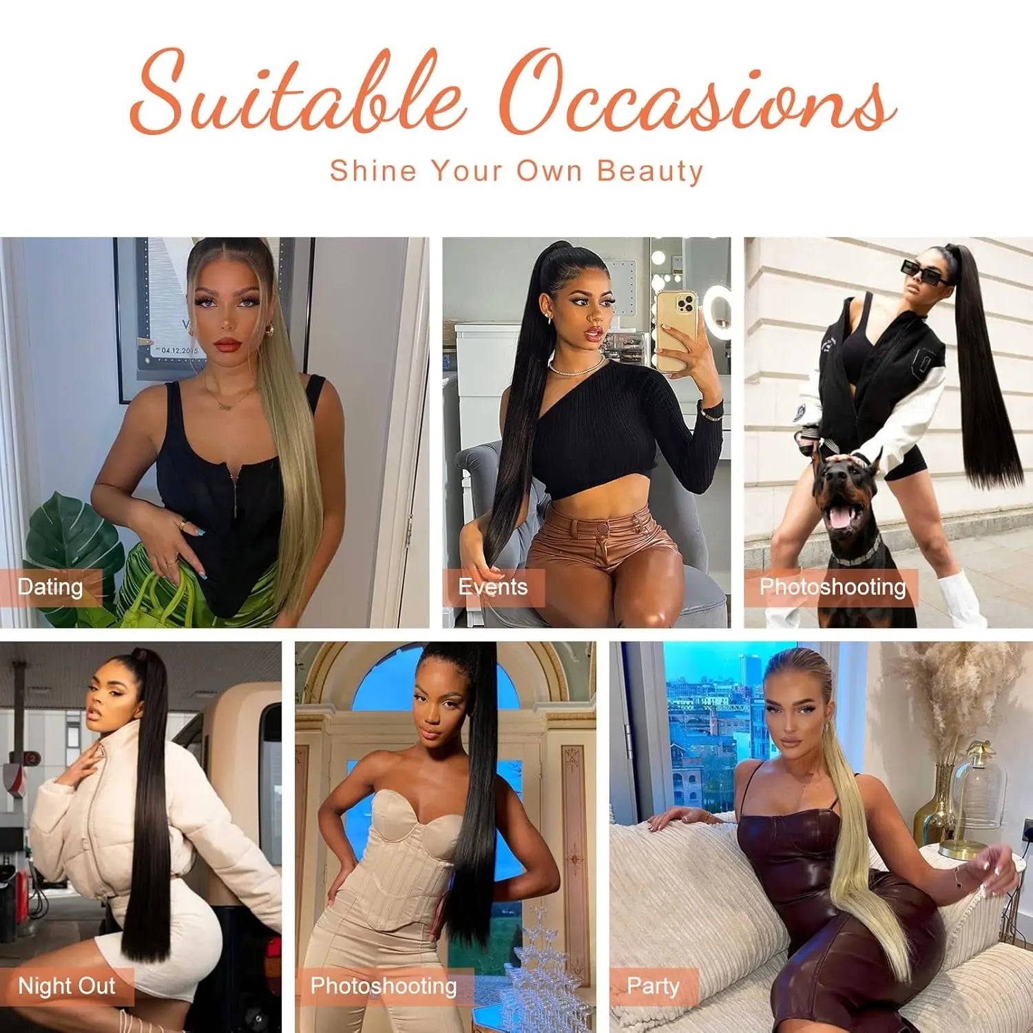 20 in (50 cm) Drawstring Clip-In Ponytail Extension Long Straight Heat-Resistant Synthetic Hairpiece for Women