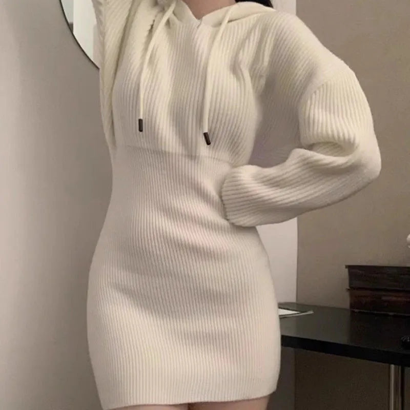 White Thick Knit Hooded Mini Dress - Korean Elastic High-Waist Bandage Long Sleeve Slim Fit