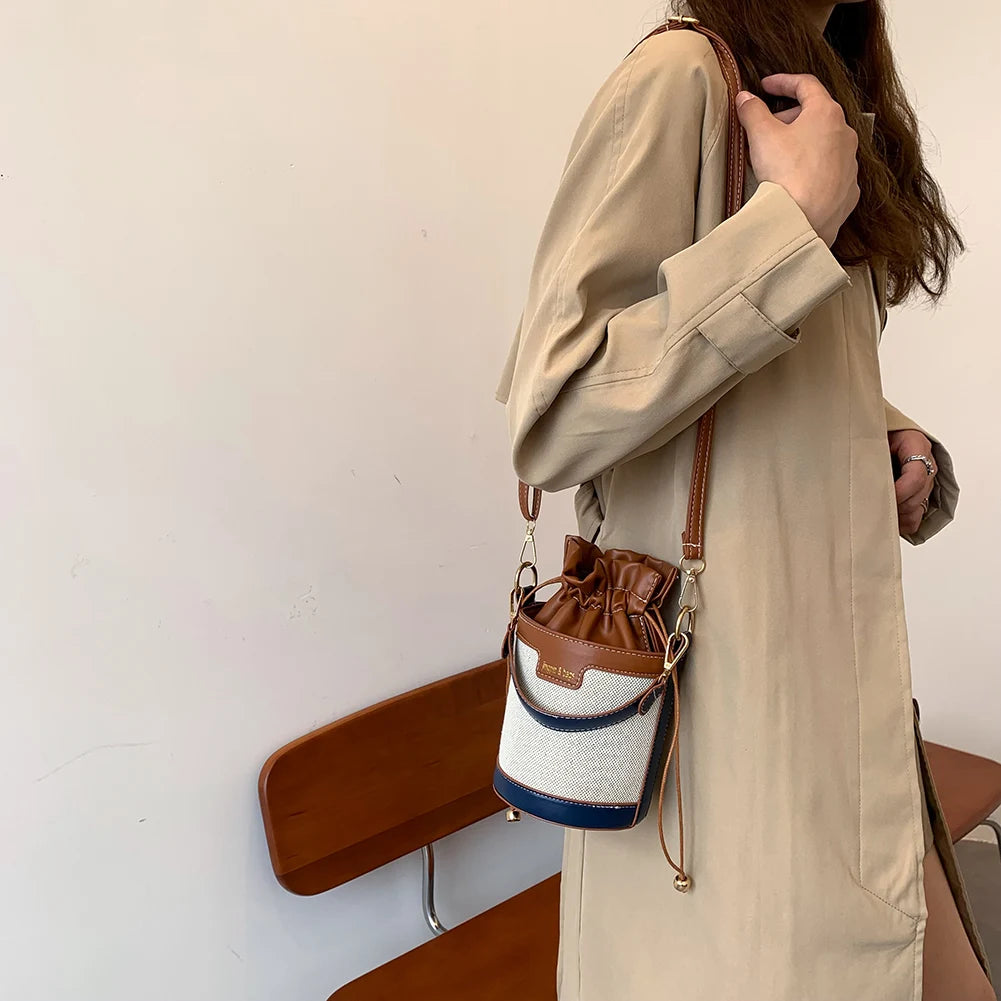 Vintage Patchwork Cylinder Drawstring Bucket Bag - PU Leather Mini Crossbody Shoulder Bag for Women