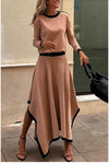 Women’s Two-Piece Patchwork Shirt & Maxi Skirt Set — Long Sleeve Elegant Office Outfit for Spring/Autumn