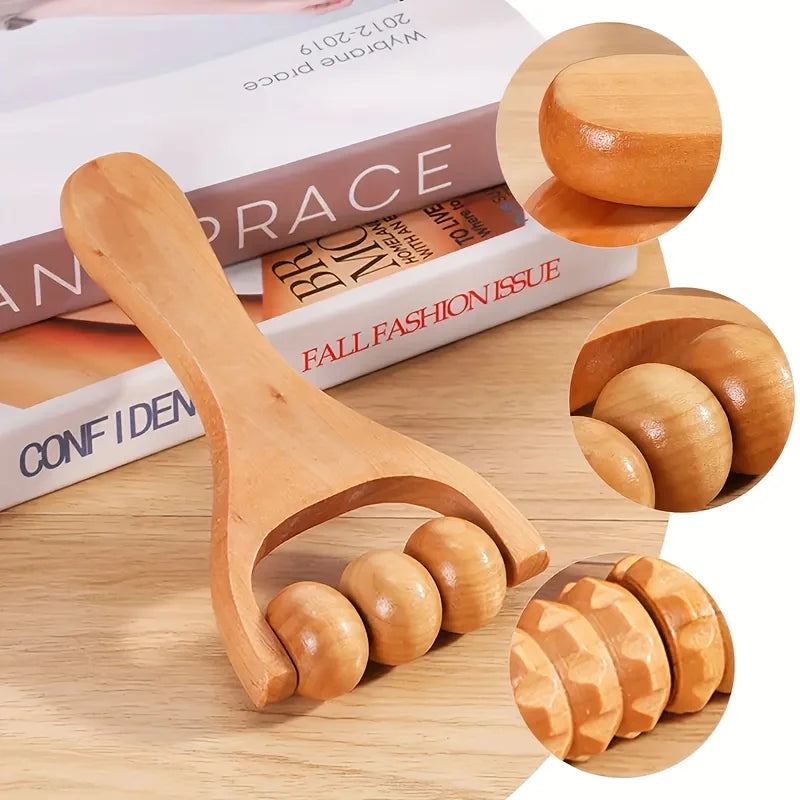 Wooden Handheld Roller Massager - Compact Body, Neck, Shoulder & Face Massage Tool