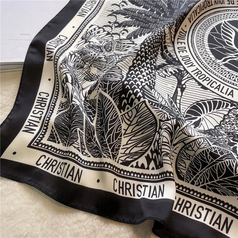 Luxury Satin Square Scarf 90 x 90 cm (35 x 35 in) – Polyester Twill Kerchief, Letter Print Sun-Protective Shawl for Women