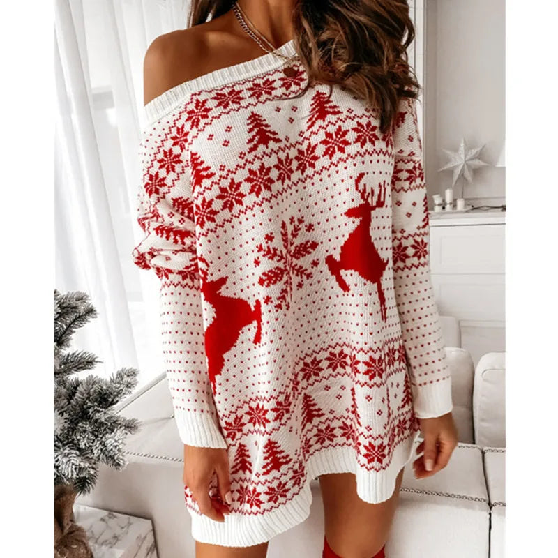 Women's Christmas Knit Sweater Dress - Long Sleeve Mini Holiday Party Dress, Warm Polyester