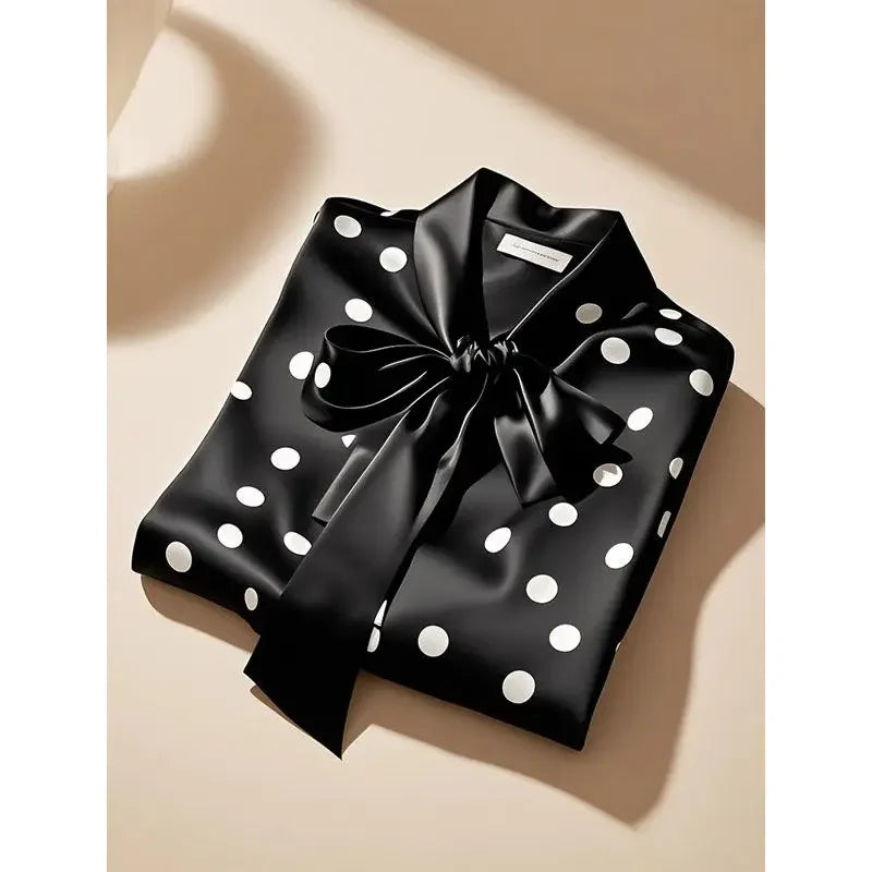 High-Quality Satin Polka Dot Blouse for Women — Lace-Up Bow Long Sleeve Office Casual Top