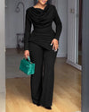Women's Swing Collar Ruched Jumpsuit Long Sleeve Asymmetric Hem High-Waist Office Romper