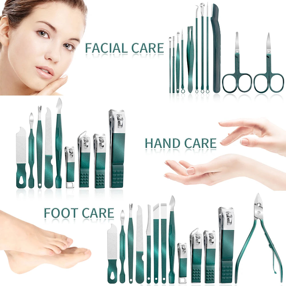 Green Stainless Steel Nail Clipper Set — 7/13/24-Pc Portable Manicure & Pedicure Tools