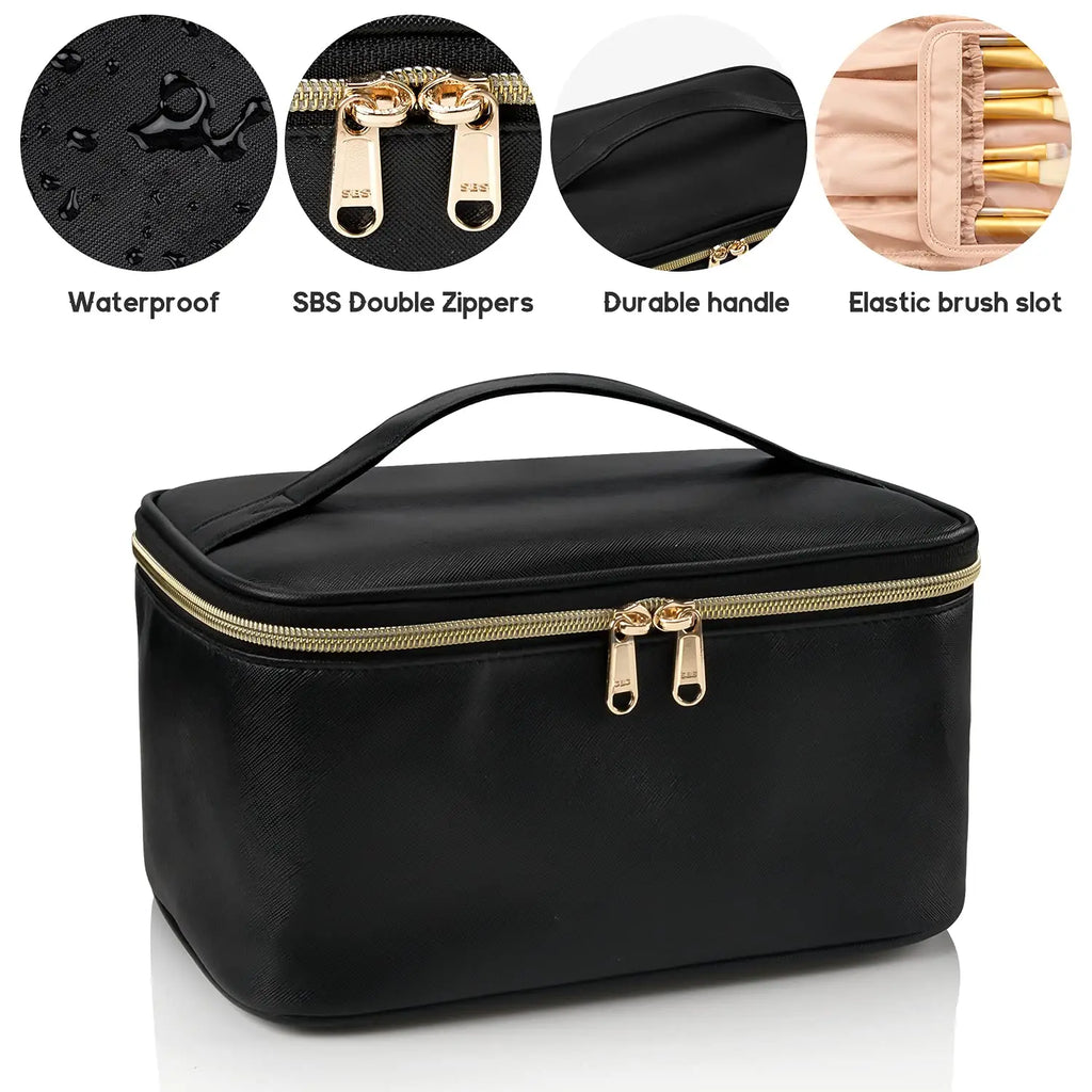 Large Capacity Travel Makeup Bag – Portable Black Cosmetic Case Organizer with Brush Slots & Handle