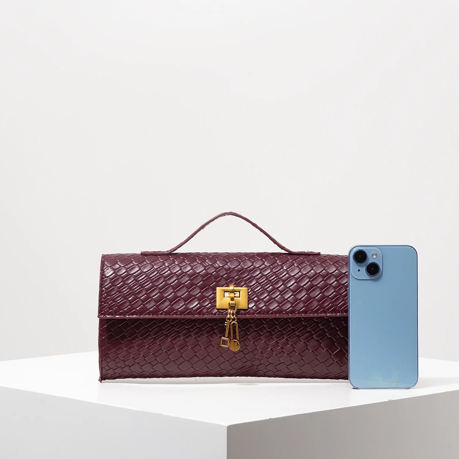 Vintage Woven Faux Leather Baguette Bag – Burgundy Flap Clutch for Women | Elegant Evening, Wedding & Party Accessory