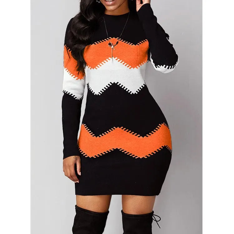 Women's Patchwork Rib Knit Turtleneck Sweater Mini Dress Long Sleeve Warm Casual A-Line