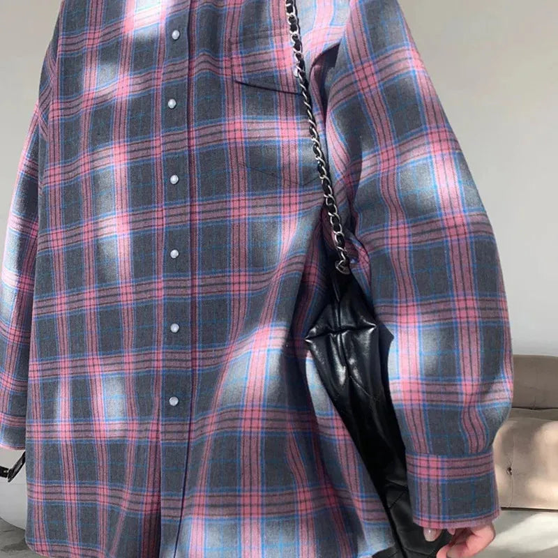 Oversized Women's Plaid Button-Down Shirt - Long Sleeve Tunic Blouse with Pockets, Korean Style Autumn/Winter