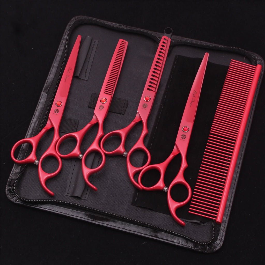 7-Inch (17.8 cm) Japanese 440C Pet Grooming Scissors Set — Straight 7 in, Curved 7 in, Thinning 6.5 in (16.5 cm) for Dog & Cat Grooming with Comb & Hemostatic Forceps