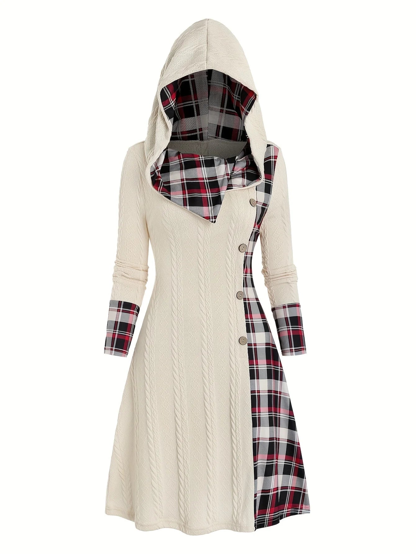 Women's Plaid Knitted Hooded A-Line Dress with Faux Buckle, High-Waist Long Sleeves