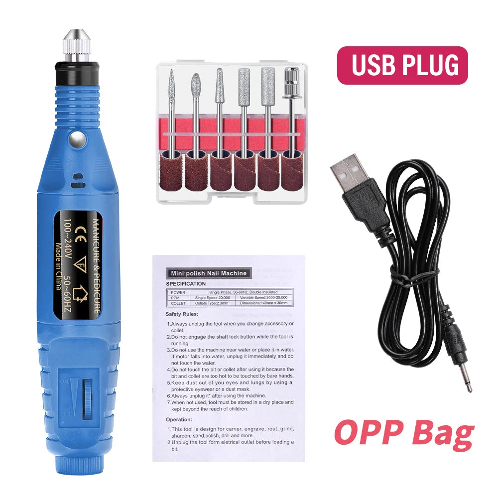 USB-Powered Electric Nail Drill Kit – Professional Manicure & Pedicure Nail File with 6 Bits and 6 Sanding Bands