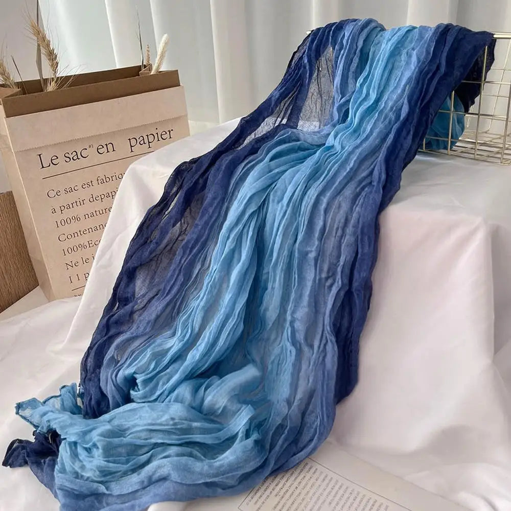 Long Gradient Blue Scarf 180 x 90 cm (71 x 35 in) – Lightweight Polyester with Cotton-Linen Feel Shawl, Pashmina Hijab Wrap for Women