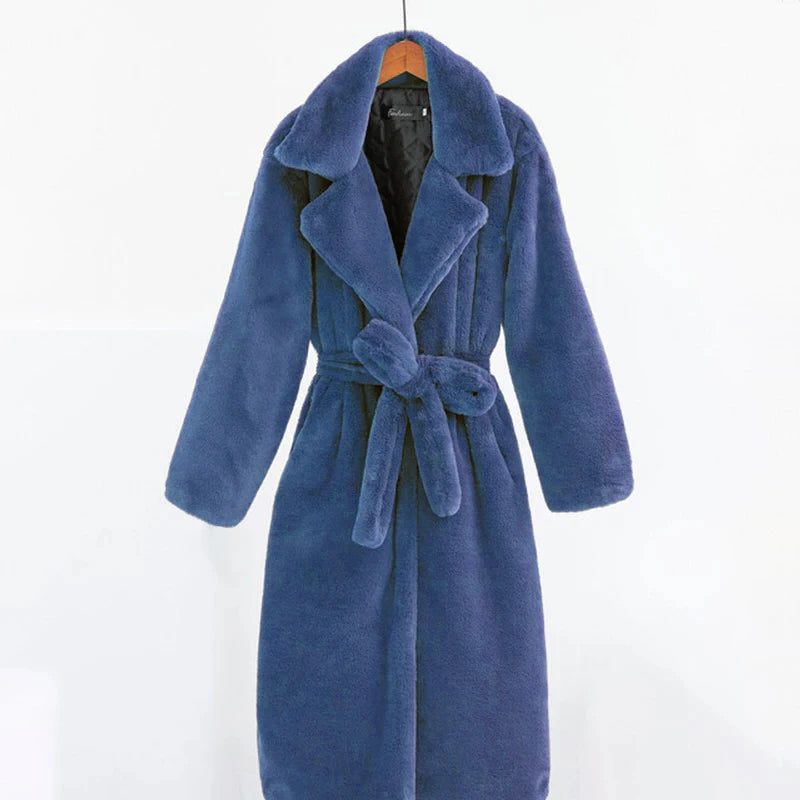 Women's Faux Leather Long Coat with Soft Mink Fur Trim & Pockets - Casual Street Style Winter Outwear