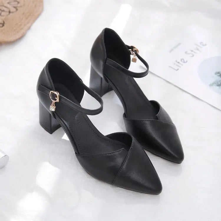 Women's Pointed Toe Square Heel Pumps – Comfortable Faux Leather Buckle Strap Heels (3–5 cm) for Office & Party