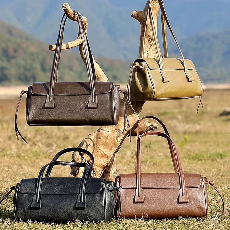 Genuine Cowhide Leather Women's Shoulder Bag Large Capacity Black Baguette Handbag with Long Strap