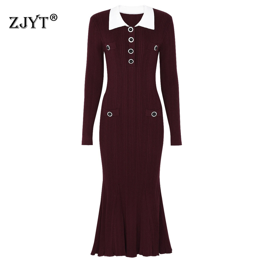 Women Mermaid Knit Sweater Dress — Long Sleeve Lapel Collar Slim Fit Mid-Calf Autumn/Winter