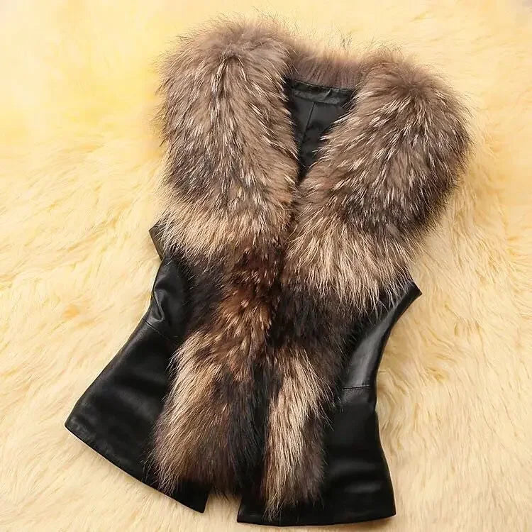 Women's Faux Leather Sleeveless Vest with Faux Raccoon Fur Collar, Oversized Stitch Detail – Autumn Winter Streetwear Coat