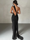 Women's One-Shoulder Backless Ruched Maxi Dress – Adjustable Scarf Loop, Y2K Streetwear Festival Evening Dress