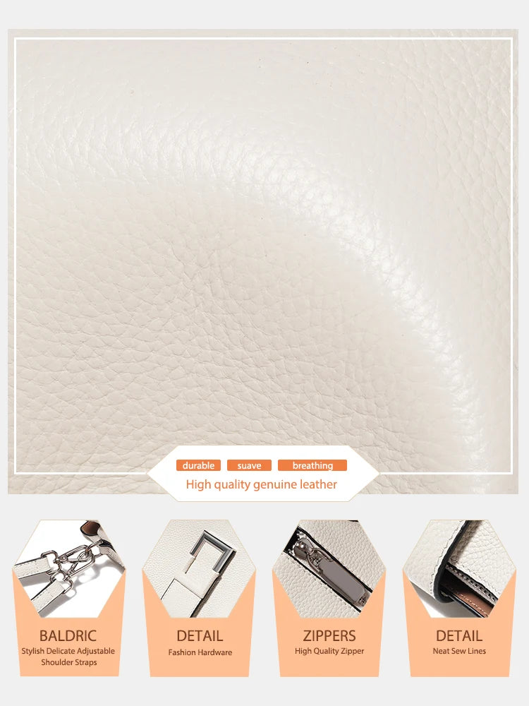 ZENCY Genuine Leather White Bucket Tote Shoulder Bag - Women's Designer Shopper Crossbody