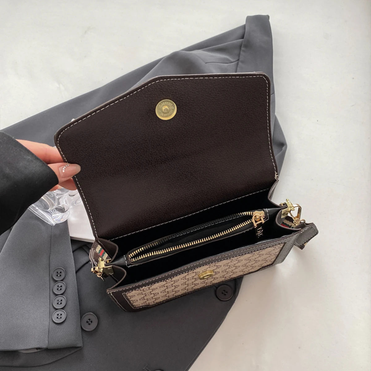 Geometric Quilted PU Shoulder Bag with Metal Logo — Lightweight Flap Crossbody, Magnetic Snap & Adjustable Strap