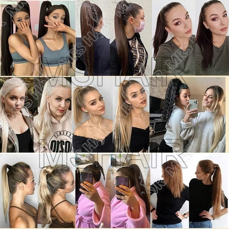 MRSHAIR 100% Remy Human Hair Clip-In Wrap-Around Ponytail Extension Straight — Blonde, Brown, Black