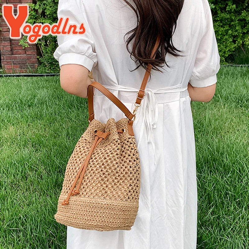 Braided Straw Bucket Bag for Women - Drawstring Shoulder & Crossbody Beach Travel Woven Handbag