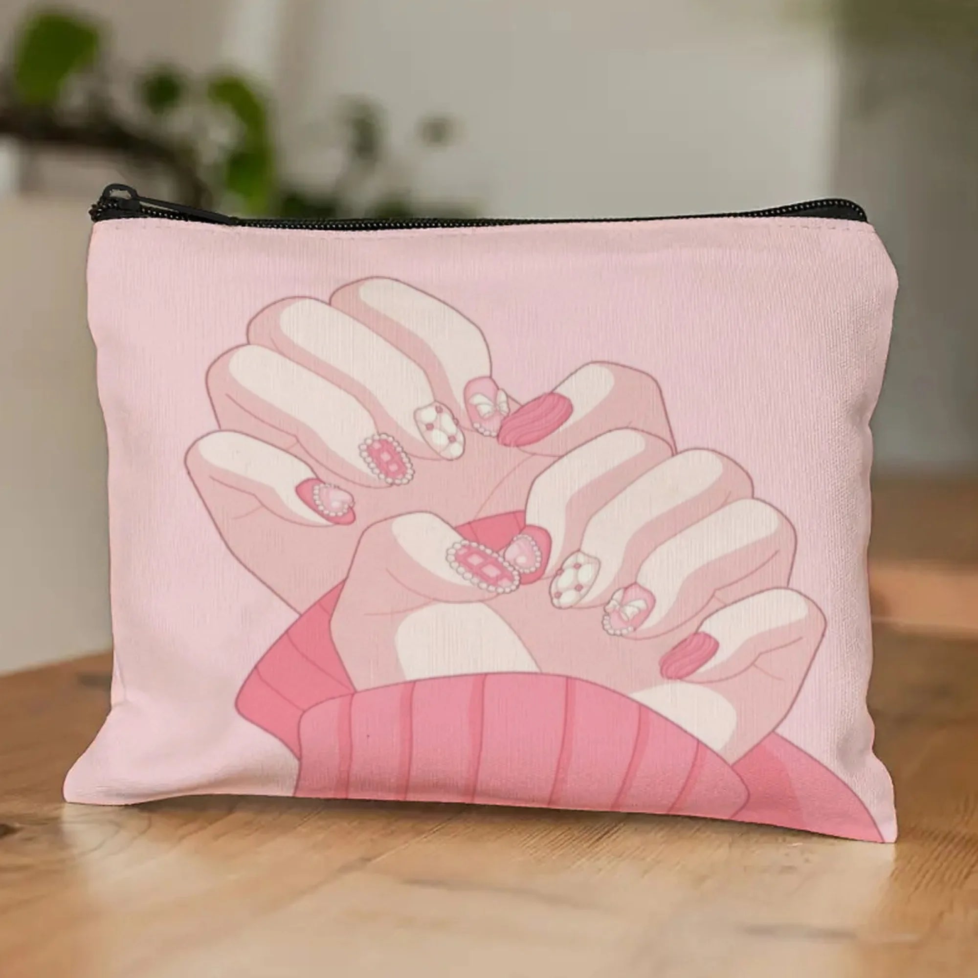 Pink Manicure Makeup Bag – Nail Art Print Cosmetic Organizer with Zipper for Travel & Nail Tools
