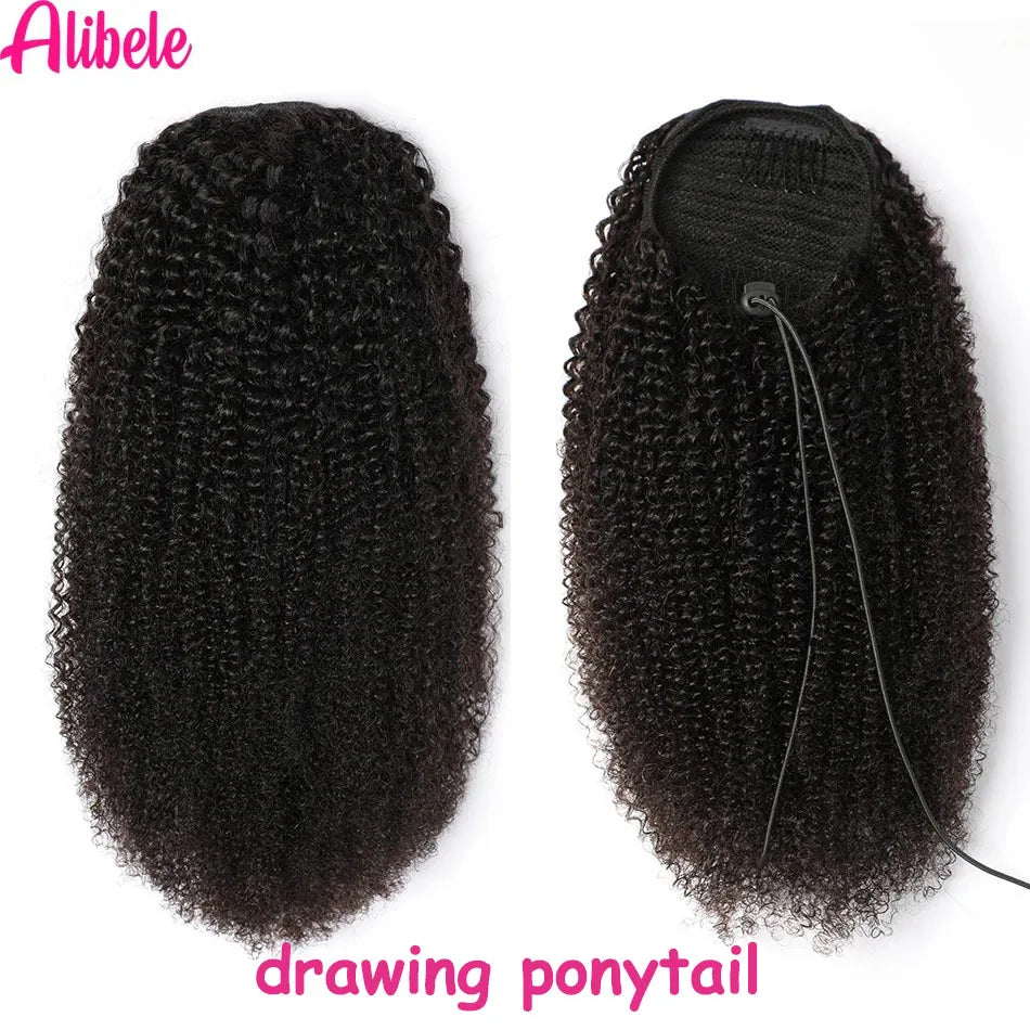 Afro Kinky Curly Drawstring Wrap-Around Ponytail Human Hair Extensions — Mongolian Remy 4B/4C, 10–28 in (25–71 cm), Clip-In