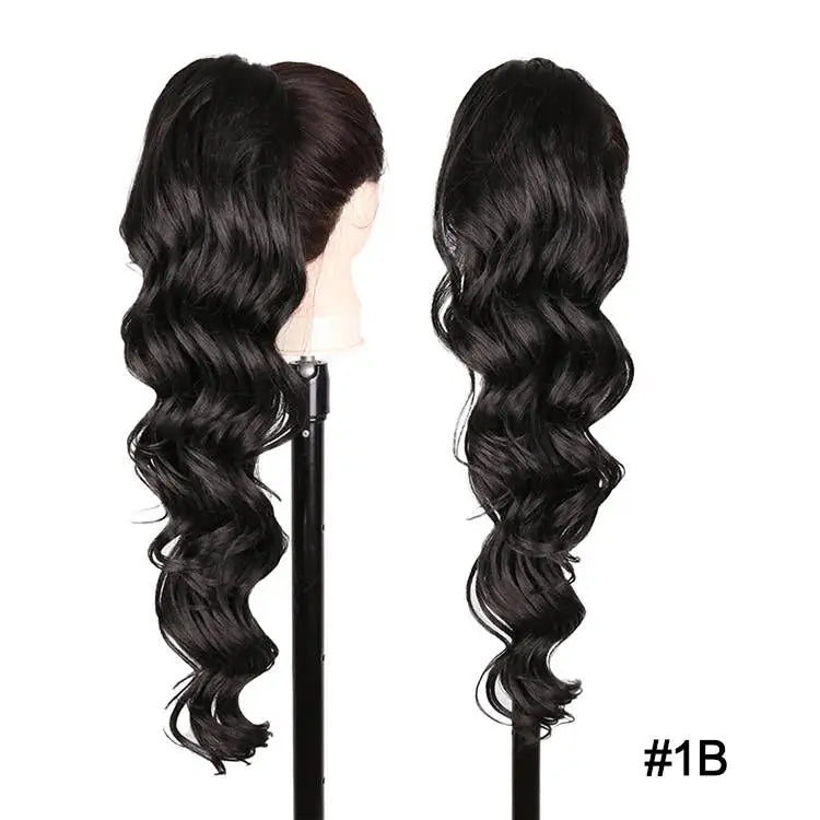 Long Ombre Blonde Synthetic Clip-In Braided Wavy Ponytail Hairpiece — Black to Brown Hair Extension