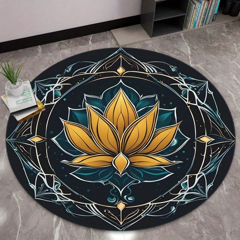 Golden Lotus Mandala Round Rug – Crystal Velvet Non-Slip Floor Mat for Yoga & Meditation, Boho Chic Home Decorative Carpet (Multiple Sizes: 24–71 in / 60–180 cm)