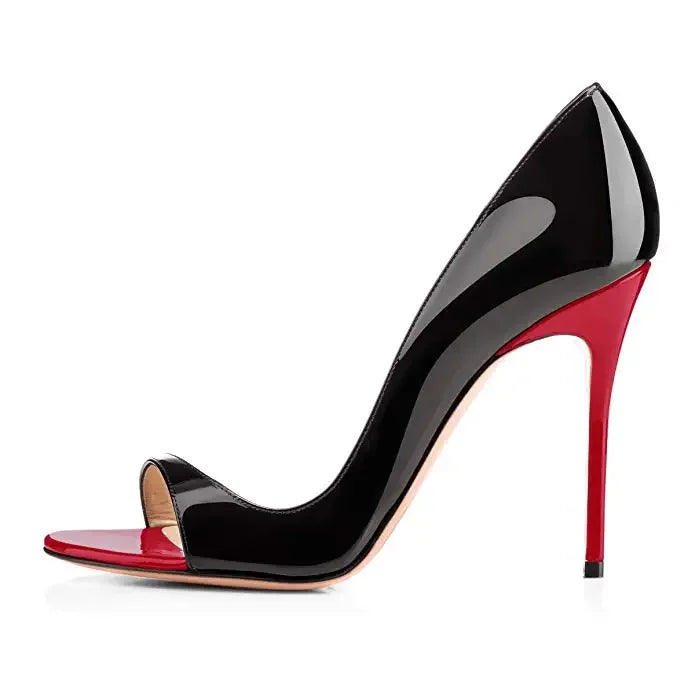 Black Patent Leather Peep-Toe Stiletto Pumps with Red Lining, 12 cm (4.7 in) Heel, Plus Size EU 33-46