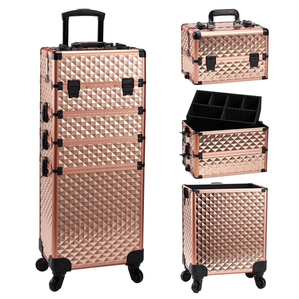 4-in-1 Rolling Makeup Train Case – Large Capacity Cosmetic Trolley with Wheels & Locking Keys for Salon and Travel