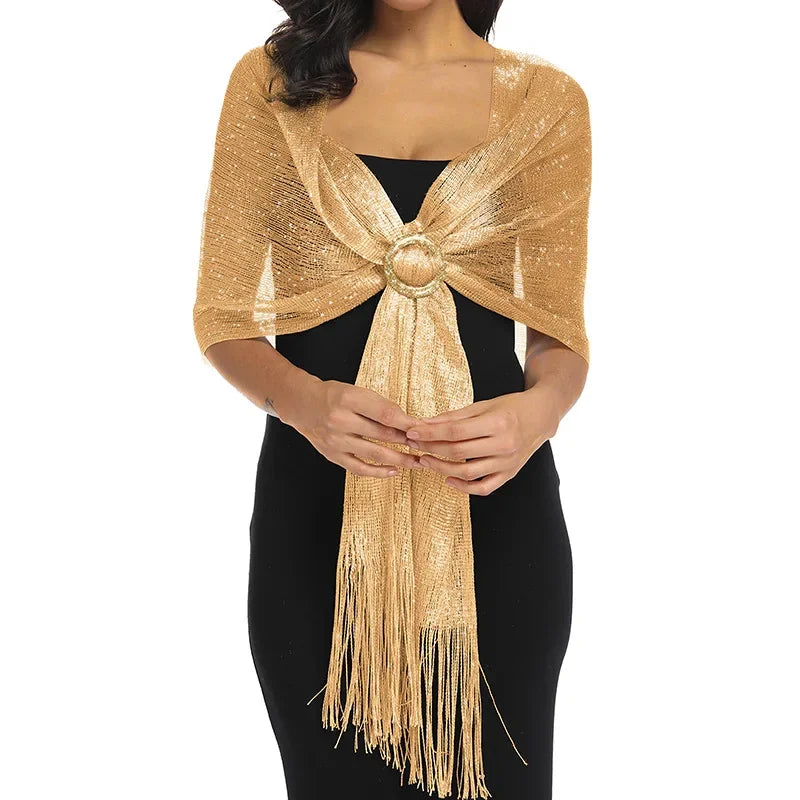 Metallic Scarf with Buckle - Shiny Bridal & Evening Shawl Wrap, Gold or Silver, 75 x 17.7 in (190 × 45 cm)
