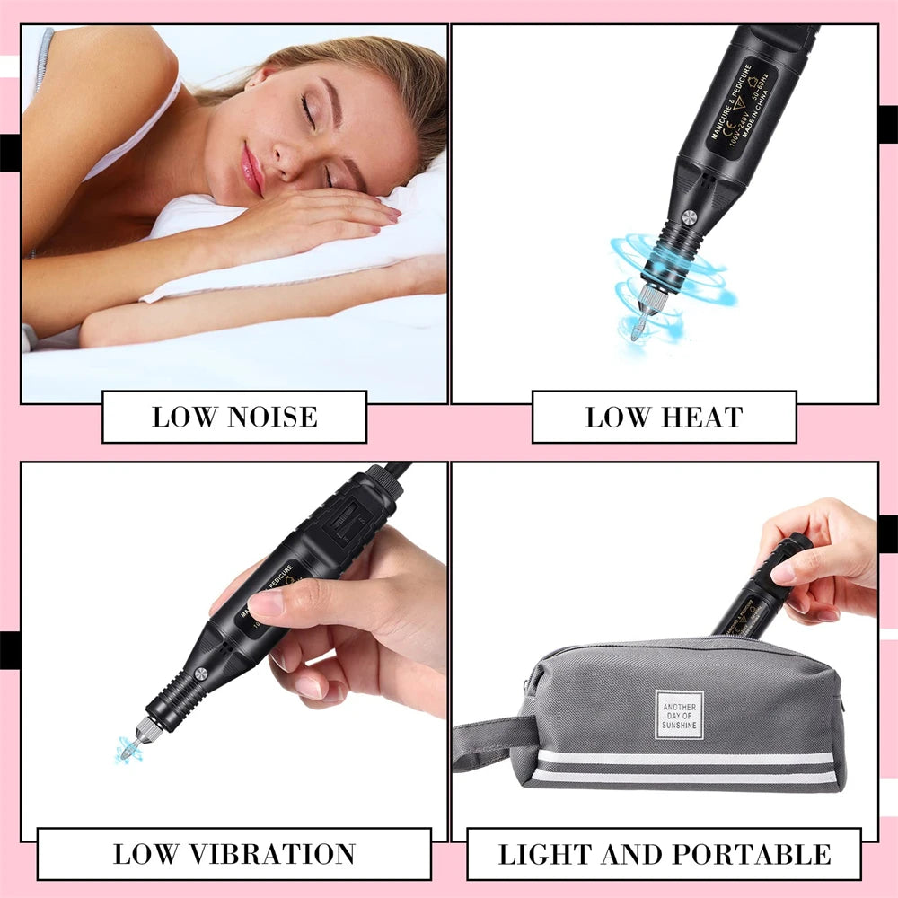 Electric Nail Drill Kit - Portable Professional Manicure & Pedicure Nail Sander, 20,000 RPM, 6 Bits & 6 Sand Bands