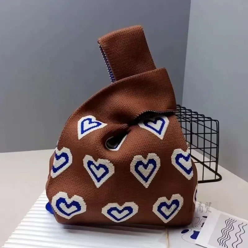 Handmade Knitted Knot Wrist Bag - Striped Mini Tote for Women, Large-Capacity Phone Bucket, Autumn Winter Casual