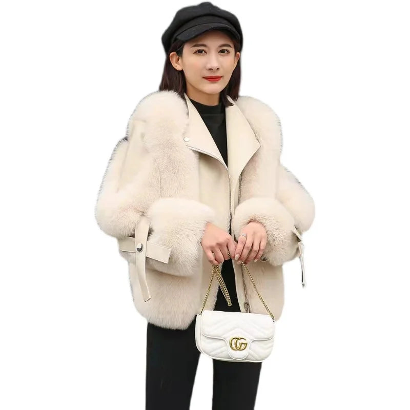 Women's Faux Fox Fur Short Coat - Casual Zip-Up Jacket with Turn-Down Collar, Wide-Waist Autumn/Winter