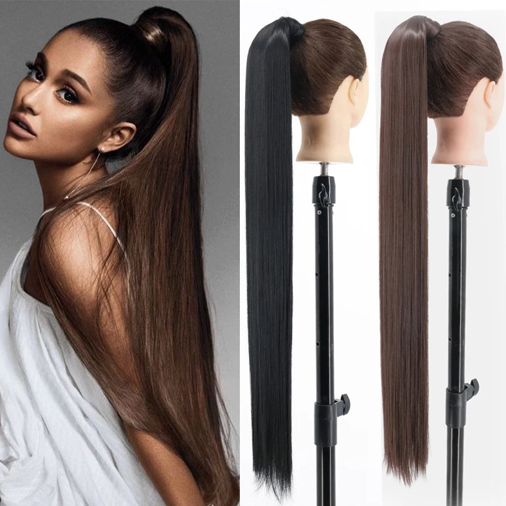 34-Inch (86 cm) Clip-In Synthetic Ponytail Hair Extension — Blonde Wrap-Around Long Straight Hairpiece