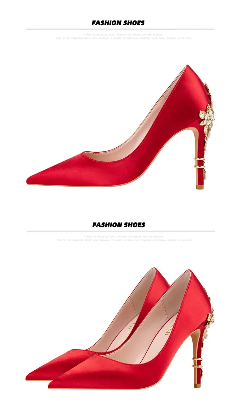 Women's Satin Pointed-Toe Stiletto Pumps with Metal Flower Detail — High Heel Wedding Shoes