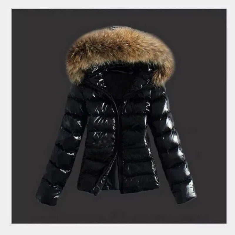 Women's Faux PU Leather Short Winter Coat with Artificial Fur Collar and Waterproof Windproof Design