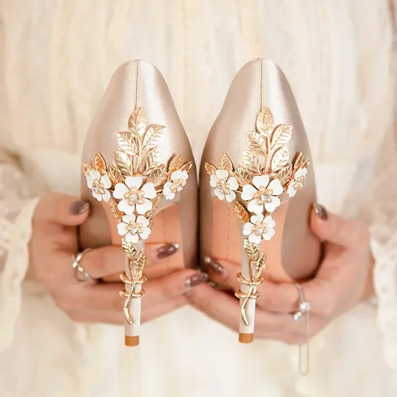 Women's Satin Pointed-Toe Stiletto Pumps with Metal Flower Detail — High Heel Wedding Shoes