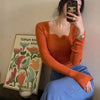 Women's Vintage Square-Collar Knit Pullover Sweater - Slim Fit Autumn/Winter (Korean Style)